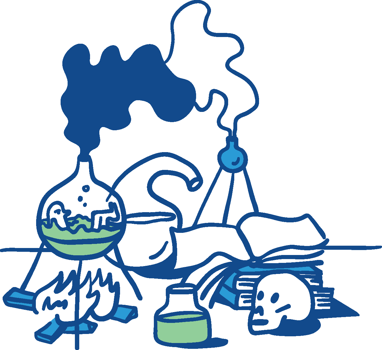 Ein Homunkulus wird in einer grünen Flüssigkeit erschaffen. Daneben sind andere alchemistische Gegenstände zu sehen.