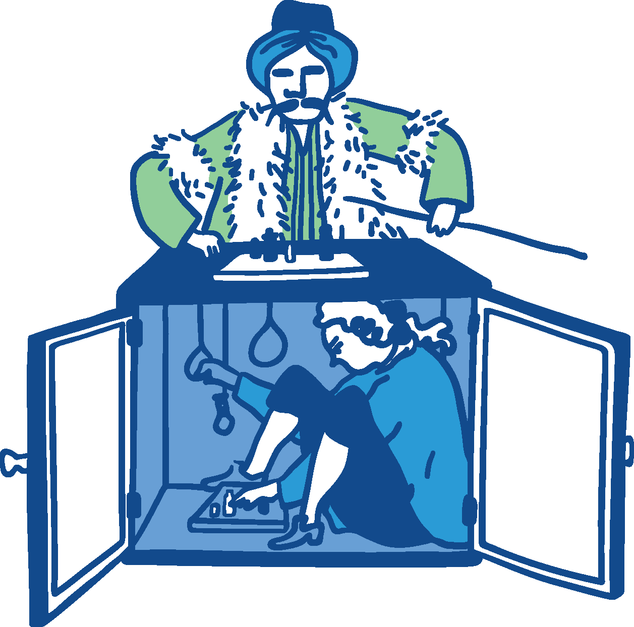 Der Schachtürke steht hinter einem geöffneten Schrank. Drunter sitzt ein Mensch, der die Figuren führt.