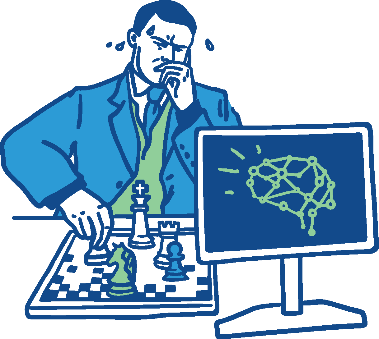 Kasparov sitzt am Computer gegenüber und schwitzt beim Durchdenken des nächsten Zuges.