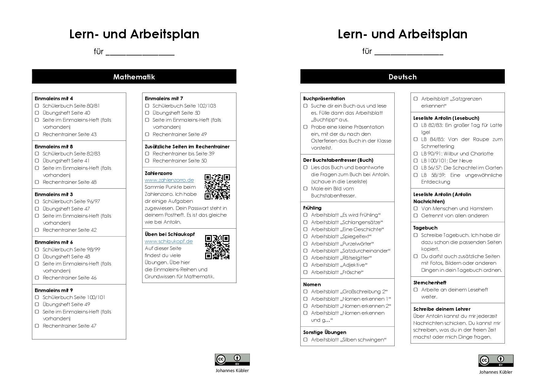 Arbeitspläne für Deutsch und Mathematik nebeneinander. Es sind Pläne für eine ganze Woche, die eine Vielzahl an Aufgaben enthalten. Die Aufgaben sind thematisch sortiert und nicht nach Wochentagen. Die Einteilung der Aufgaben über die Woche hinweg muss selbstständig erfolgen.