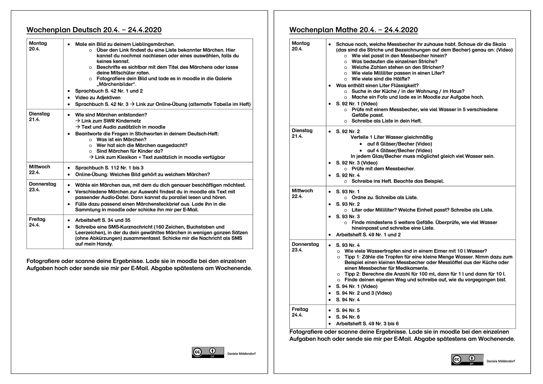 Wochenpläne für die Unterrichtsfächer Deutsch und Mathematik, jeweils auf einem separaten Blatt. Es sind Aufgaben für die einzelnen Tage ausgewiesen und diese werden auch ausführlich erklärt.