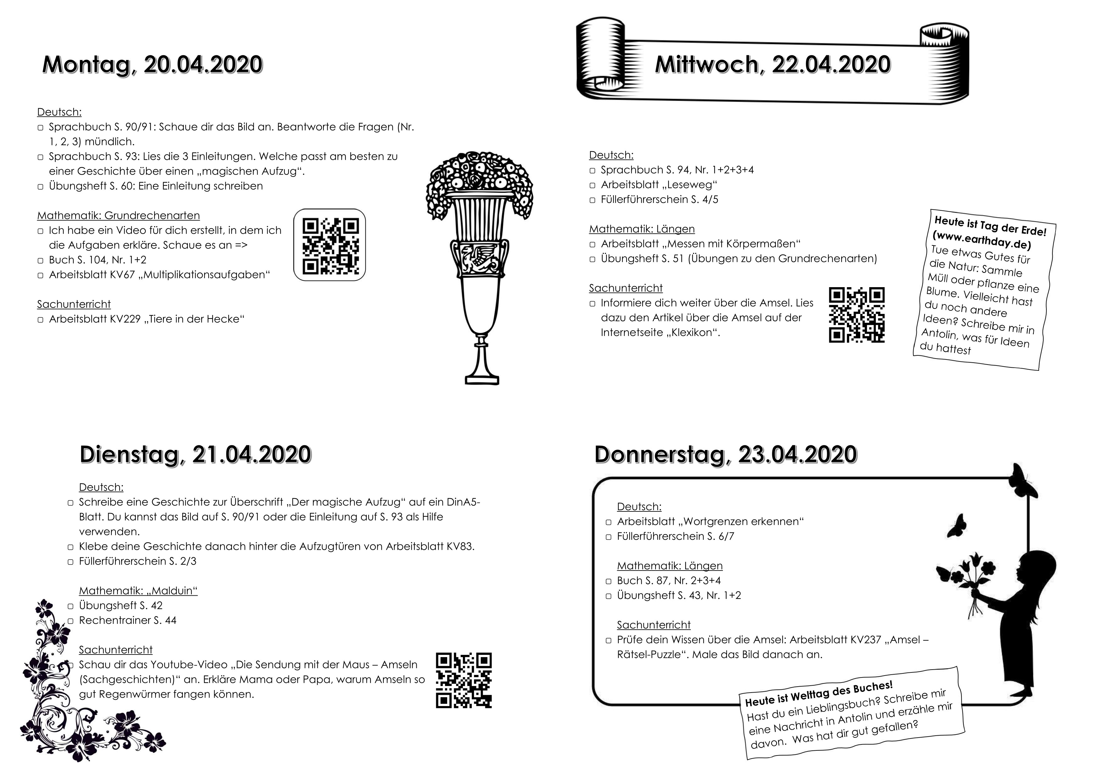 Das Bild zeigt 4 Arbeitspläne. Jeder Plan umfasst die Aufgaben der unterschiedlichen Fächer für einen Wochentag, z.B. für Montag.